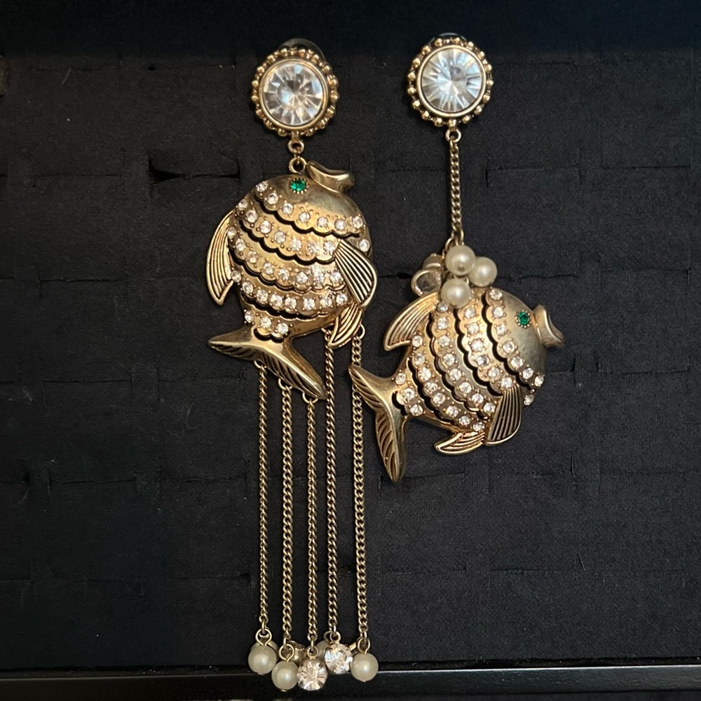 Gold Asymmetrical Betsey Johnson Fish Earrings